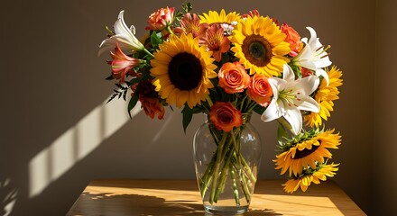 A vibrant floral bouquet in a glass vase, illuminated by warm sunlight on a wooden table