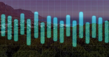 Initial teal equalizer bars appearing on grid overlay pulsing to visualize audio over hillside town - Powered by Adobe
