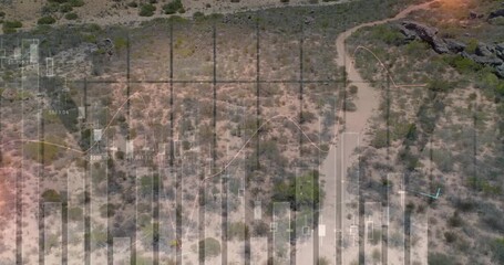 Drone launching above desert, carrying digital bar chart and line graph tracking terrain metrics - Powered by Adobe
