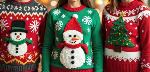 Three people wearing funny ugly Christmas sweaters with bright unique designs. Garish holiday knitwear features large snowmen, festive tree, snowflake patterns. Friends enjoy cheerful winter
