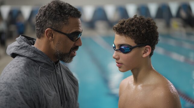 A coach teaches a young biracial boy swimmer by the pool in an indoor facility concentrating on diving skills - Powered by Adobe