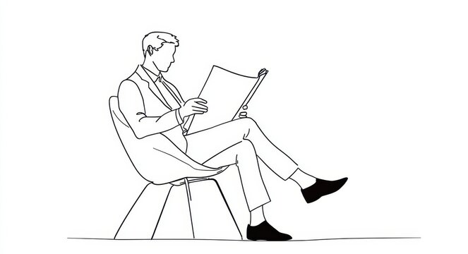 Vibrant photo of man in suit sitting on chair and reading newspaper isolated on white background