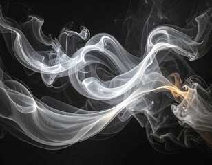 Elegant white and golden smoke trails swirling gracefully in fluid, abstract patterns against a solid black background.