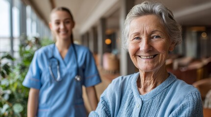 Nurse caring for elderly female resident in a care home emphasizing trust between staff and residents