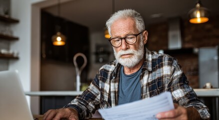 Senior man managing finances retirement plans investments and debts using paperwork and a laptop