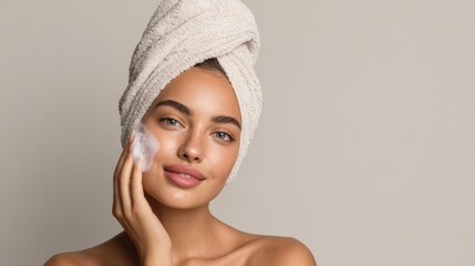 Image of a young woman with hair wrapped in a towel softly using foam cleanser on her face perfect for endorsing skincare and beauty services