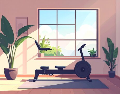An indoor scene featuring a rowing machine, plants, and a large window with a view.