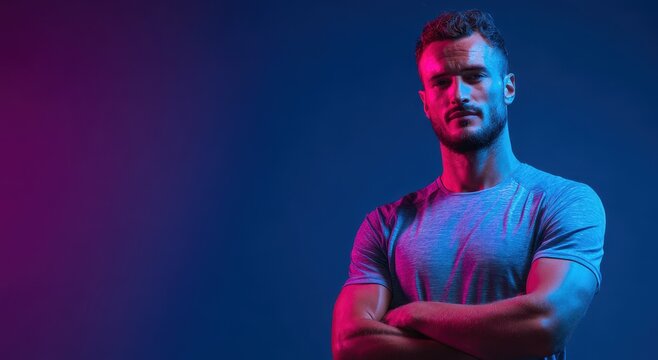 Portrait of a young football player in neon light against a gradient blue pink background showcasing vivid expressions and sports energy
