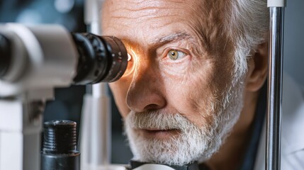 Eye exam of elderly man using a slit lamp and microscope for detailed lens and cornea assessment