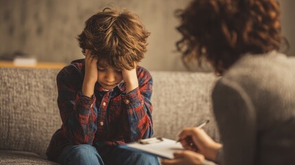 A distressed boy in a therapist s office struggles with emotions discussing his issues while receiving comfort