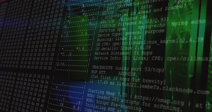 Camera panning into dimly lit server racks while network scan data scrolling for status monitoring
