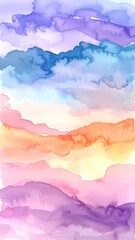 A vibrant watercolor landscape with soft gradients of pink, orange, blue, and purple hues