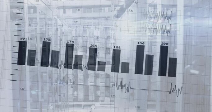 Displaying HUD on server racks, bars pivoting and updating, waveform shifting visualizing metrics