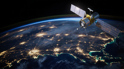 A satellite orbits earth, with glowing city lights visible on the planets surface