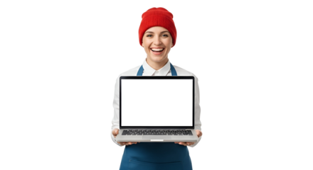 Enthusiastic woman presenting a laptop with blank screen ideal for advertising product promotion or online content creation Transparent background