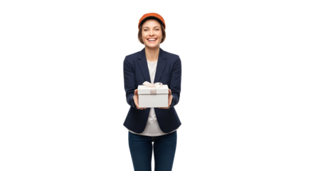 Smiling Woman Courier Delivering a Gift Box with Ribbon on Transparent Background Represents Joyful Gifting and Express Delivery Services Suitable for Online Commerce and