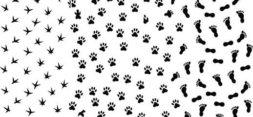 Footprint pattern vector set, bird paw human tracks, editable black silhouette graphic, nature themed illustration, walking path icons, wildlife movement design