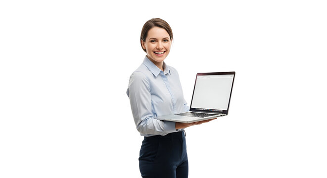 Confident young businesswoman with laptop presenting interface on transparent background depicting modern technology and cheerful workplace productivity demonstrating online