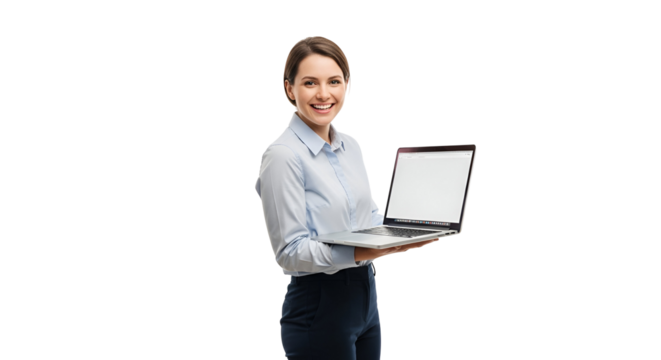 Confident young businesswoman with laptop presenting interface on transparent background depicting modern technology and cheerful workplace productivity demonstrating online