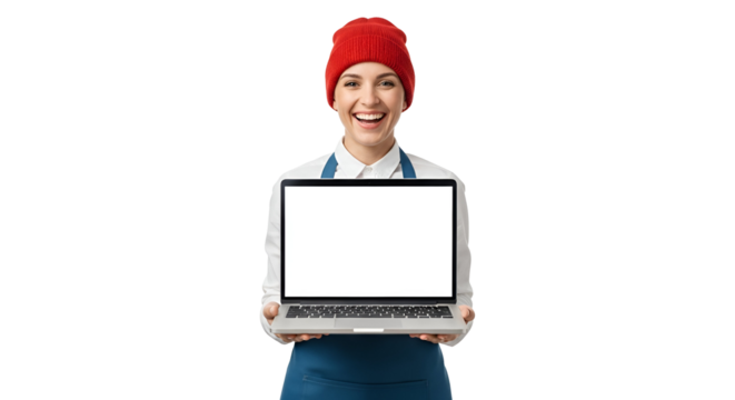 Enthusiastic woman presenting a laptop with blank screen ideal for advertising product promotion or online content creation Transparent background