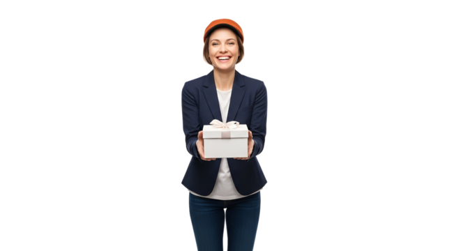 Smiling Woman Courier Delivering a Gift Box with Ribbon on Transparent Background Represents Joyful Gifting and Express Delivery Services Suitable for Online Commerce and