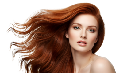 Elegant Redhead Portrait with Flowing Hair and Graceful Pose on Transparent background A stunning image for beauty fashion and lifestyle projects showcasing natural beauty and