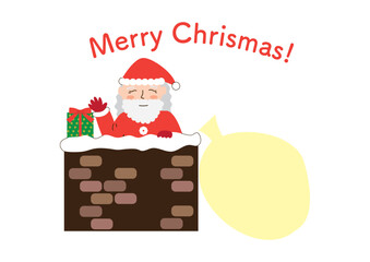  シンプルなプレゼントを持って煙突から入る髭のあるサンタクロースのおじいいさん、メリークリスマスの文字入り