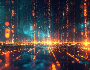 Futuristic digital landscape with glowing binary code raining down on a data highway.