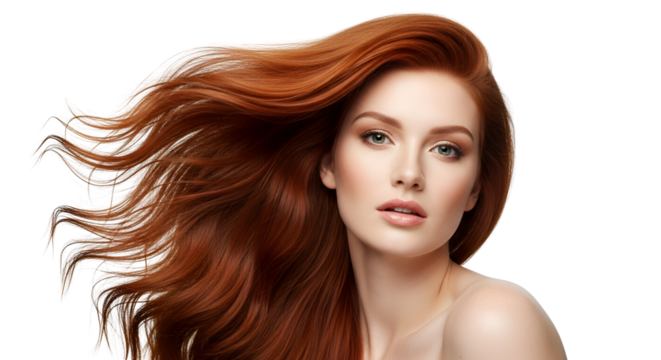 Elegant Redhead Portrait with Flowing Hair and Graceful Pose on Transparent background A stunning image for beauty fashion and lifestyle projects showcasing natural beauty and - Powered by Adobe