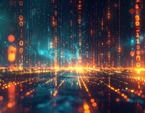 Futuristic digital landscape with glowing binary code raining down on a data highway.