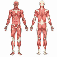 Detailed Anatomical Illustration of Human Muscle System Anterior and Posterior View
