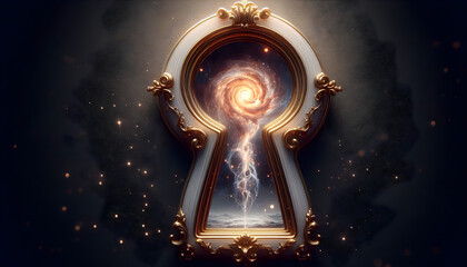Vintage Cosmic Keyhole Portal Revealing a Swirling Galaxy Through Ornate Frosted Crystal Glass with Gold Filaments