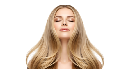 Blonde Woman Relaxation Hair Care Product Beauty Model Female with Long Hair Attractive Gorgeous Haircut Hairstyle Fashionable Treatment Isolated Transparent background