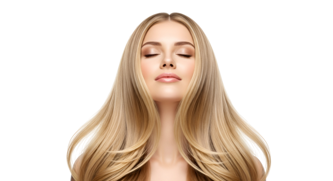 Blonde Woman Relaxation Hair Care Product Beauty Model Female with Long Hair Attractive Gorgeous Haircut Hairstyle Fashionable Treatment Isolated Transparent background