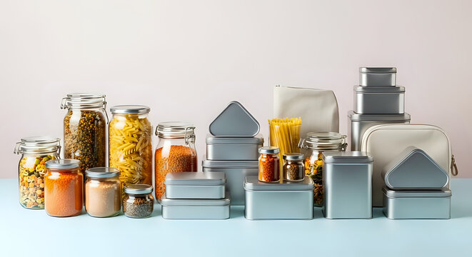 Pantry perfection with neatly organized pasta, lentils, spices, and more in reusable glass jars and sleek metal containers, promoting sustainable living and reducing food waste