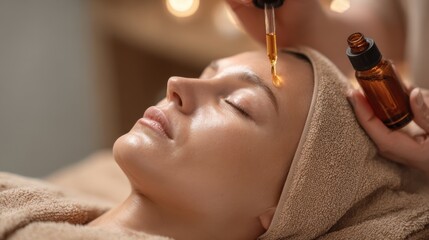Skincare concept Therapist s hands prepare to apply nourishing oil to young woman s face during a beauty treatment
