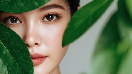Image of an Asian woman with glowing skin partially concealed by green leaves Beauty clinic promoting organic skincare and eco friendly practices