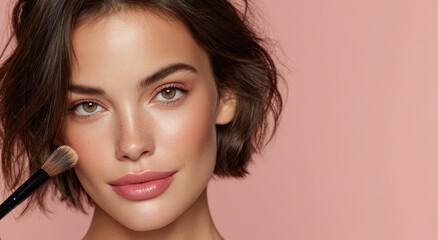 Image of a woman using a brush to enhance her radiant skin and natural beauty perfect for beauty and skincare promotions