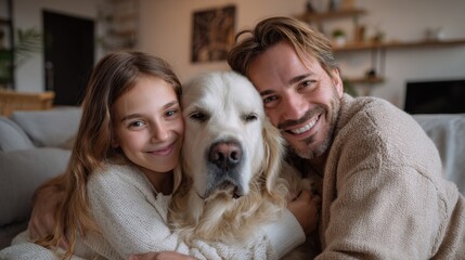 Charming family scene at home joyful parents and their adorable daughter with a golden retriever in a cozy living room embodying love and childhood
