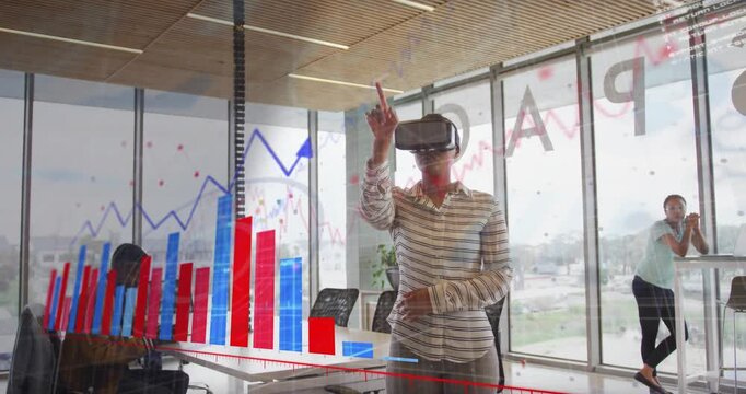 Woman putting VR headset over eyes in meeting room and tapping bars shifting 3D business chart