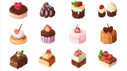 Illustration, pixelated pixel drawing of sweets, collage on white background. An assortment of pastel colored cakes, desserts are neatly arranged in a vibrant display. Sweetness, culinary creativity.