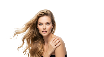 Elegant blonde woman portrait on transparent background beauty shot of a woman with long flowing hair in a breeze natural beauty beauty model advertising concepts Transparent