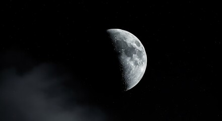 A shadowed, textured celestial body dominates the inky night sky, revealing crater details