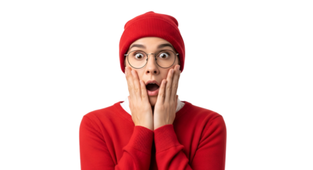 Shocked Woman Expressing Surprise with Hands on Face Red Hat and Sweater Portrait of Astonished Girl in Eyeglasses Showing Fearful Expression Transparent background