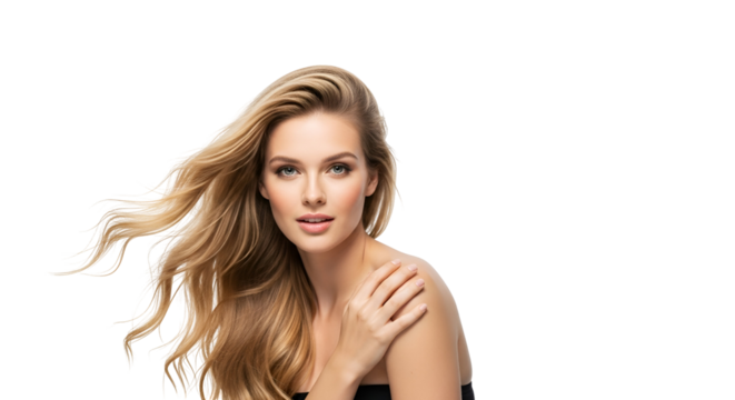 Elegant blonde woman portrait on transparent background beauty shot of a woman with long flowing hair in a breeze natural beauty beauty model advertising concepts Transparent