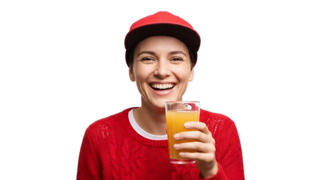 Cheerful Woman in Red Hat Holding a Glass of Orange Juice Isolated on Transparent Background Radiating Optimism and Vitality Expressing Happiness in a Vibrant Portrait