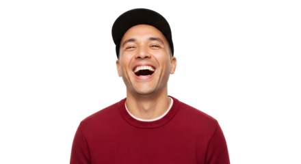 Portrait of laughing man with a cap on transparent background showcases genuine emotion happiness excitement enjoyment humor joy cheerful expression energetic mood positive energy