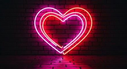 Neon heart sign glows brightly on dark brick wall background creating vibrant visual effect night environment