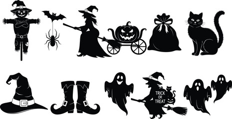 Halloween silhouette vector set, witch ghost cat scarecrow icons, spooky black graphic collection, editable festive illustration, holiday themed design elements