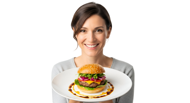 Smiling Woman Holding Gourmet Burger on Plate Ready to Eat Isolated with Transparent Background Portrait of a happy woman showing off a fresh appetizing burger offering culinary